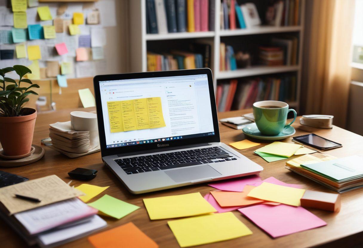 A captivating workspace scene showcasing a laptop open to a blog writing interface, surrounded by colorful sticky notes filled with ideas and insights. Include a cup of coffee steaming beside it, with a cozy bookshelf filled with books on blogging and creativity in the background. Soft, natural light illuminates the scene, giving it an inviting and inspiring atmosphere. vibrant colors. super-realistic.