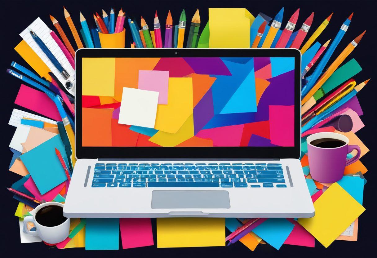 A vibrant collage of a laptop surrounded by colorful art supplies like paintbrushes and pens, symbolizing creativity in blogging. Include post-it notes with ideas and a coffee cup for inspiration. The background should depict a digital landscape, where blogs come to life with community interaction. Emphasize warmth and connection in the design. bold colors. vector art.