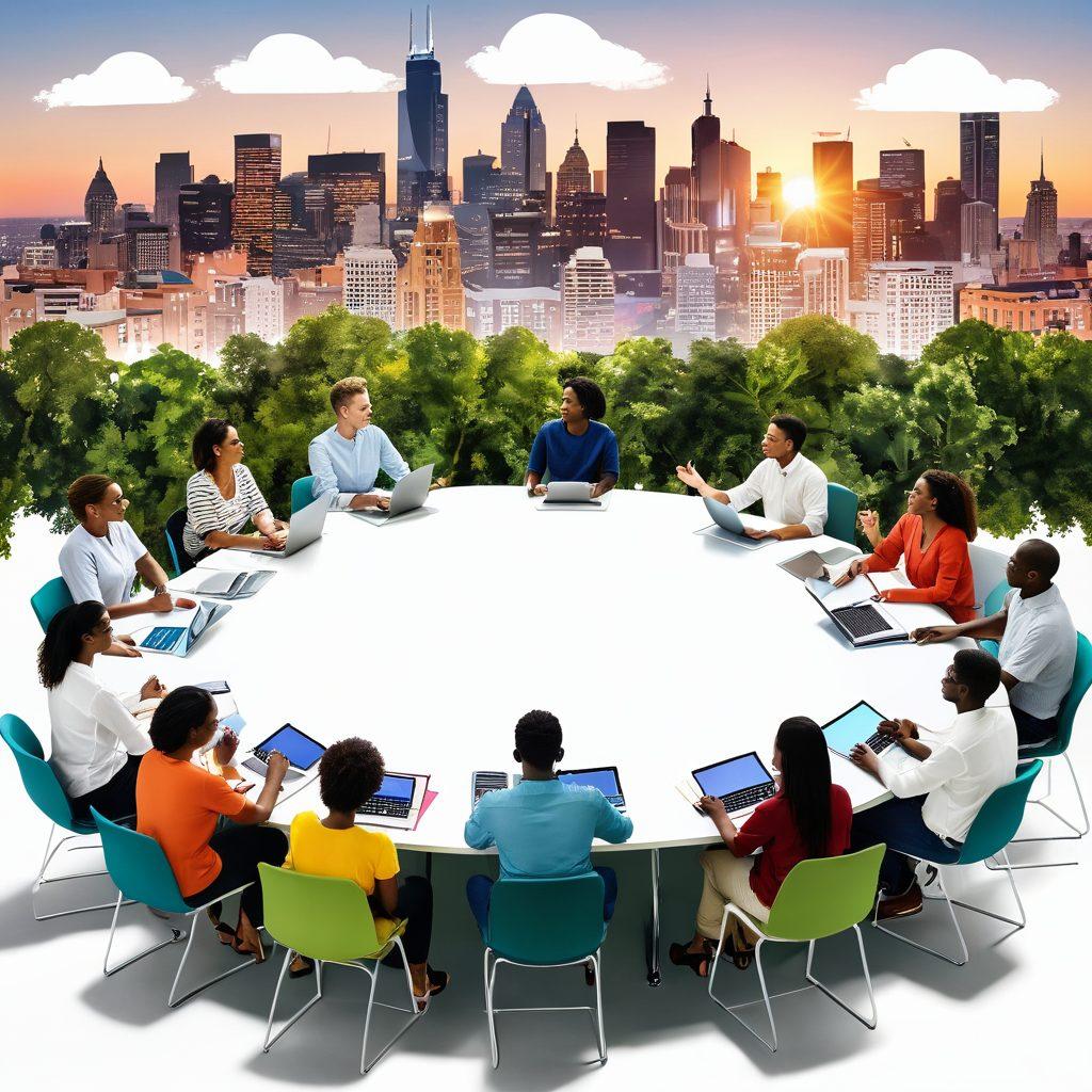 A diverse group of people engaged in a lively discussion around a large circular table, with laptops and notebooks open, surrounded by a backdrop of a vibrant city skyline and greenery. Speech bubbles filled with ideas and thoughts visually represented above their heads, symbolizing connection and community. Warm lighting and an inviting atmosphere emphasizing collaboration and inclusiveness. super-realistic. vibrant colors. white background.